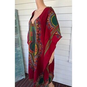 Red Print Dashiki Kaftan Dress Maxi Long Vintage One Size XL XXL